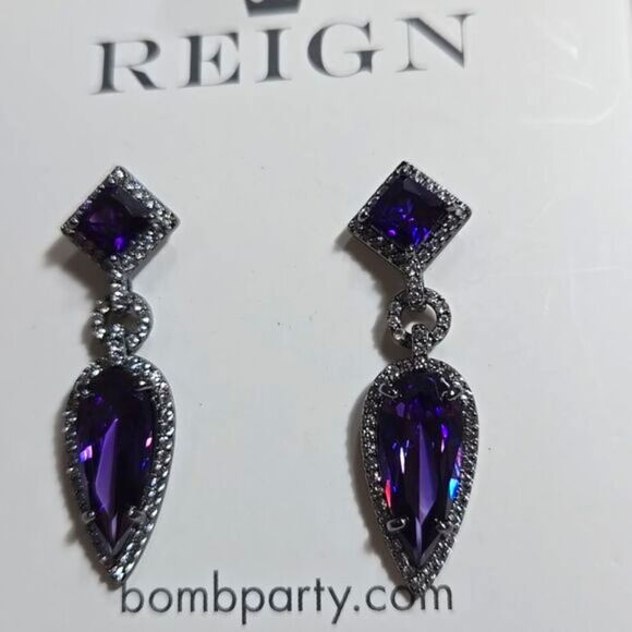 Purple and Silver Drop Earrings - Picture 1 of 4